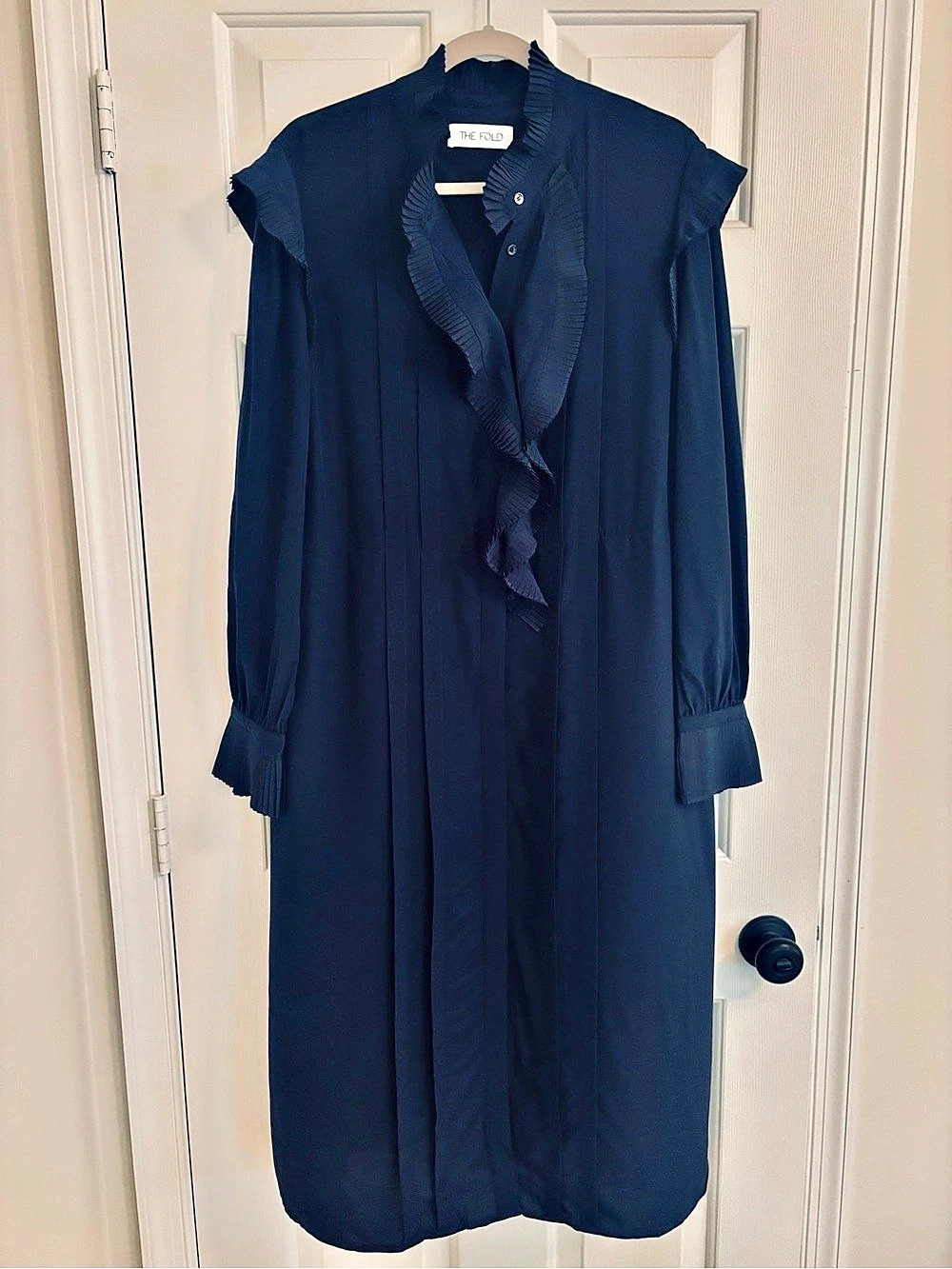 The Fold Silk Pleated Ruffle Dress in Navy Like New